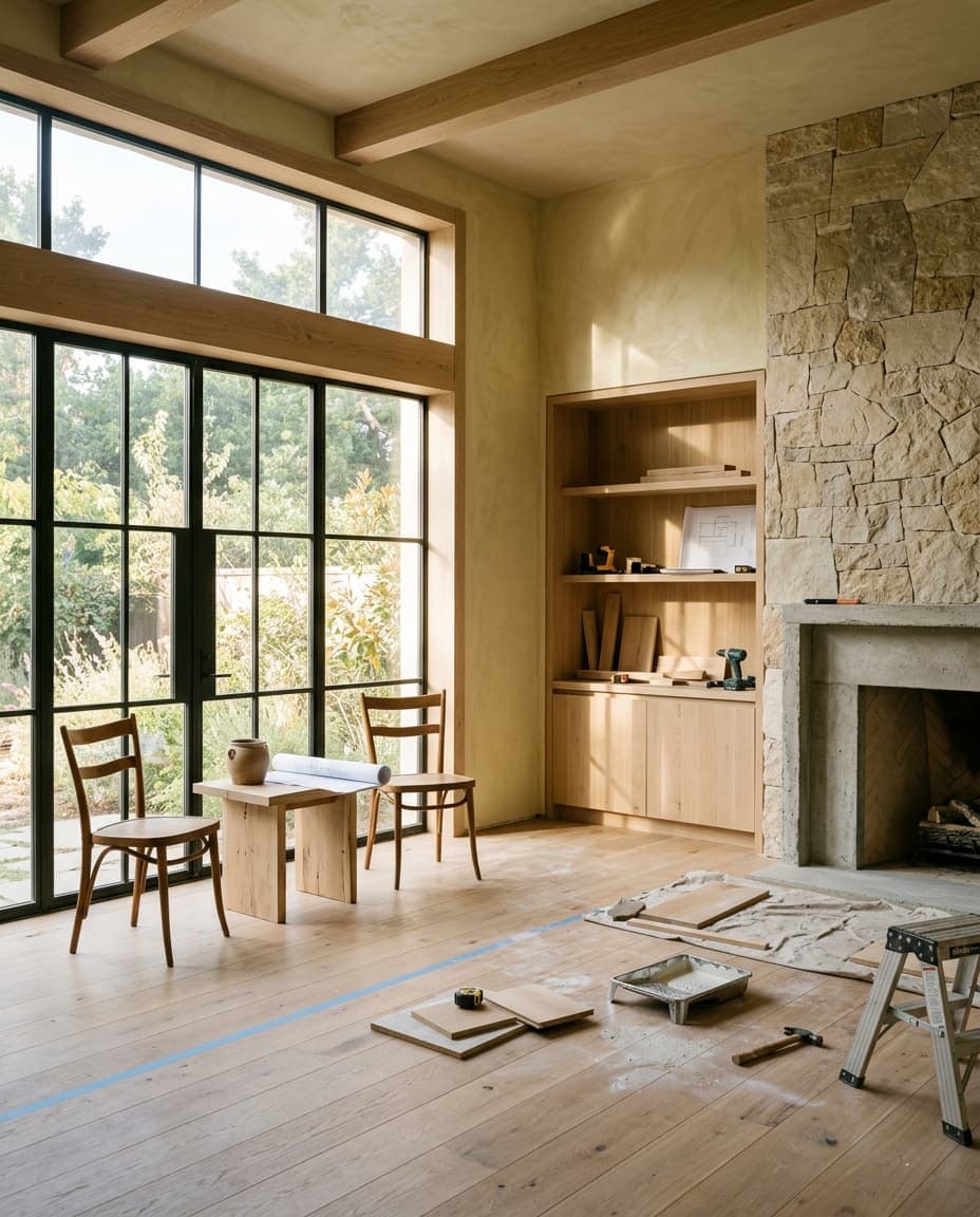 A sunlit living space mid-renovation, showing the kind of existing space Adinkra ReVision works with.