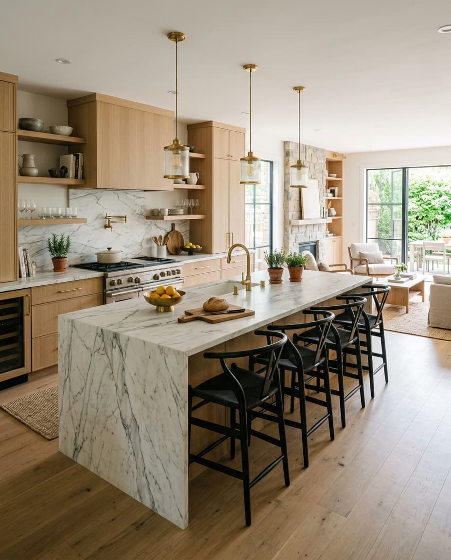 Concept visualization of an open kitchen renovation with an island, updated cabinetry, and natural light.