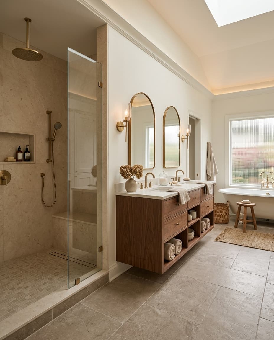Concept visualization of a renovated primary bathroom with a walk-in shower and updated vanity.