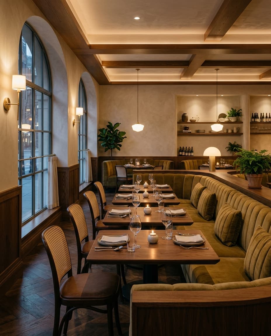 Concept visualization of a renovated restaurant dining room with updated finishes and lighting.
